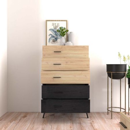 Commode à pieds carrés en tube de fer à grain de bois jaune et noir - Commode à pieds carrés en tube de fer à grain de bois jaune et noir